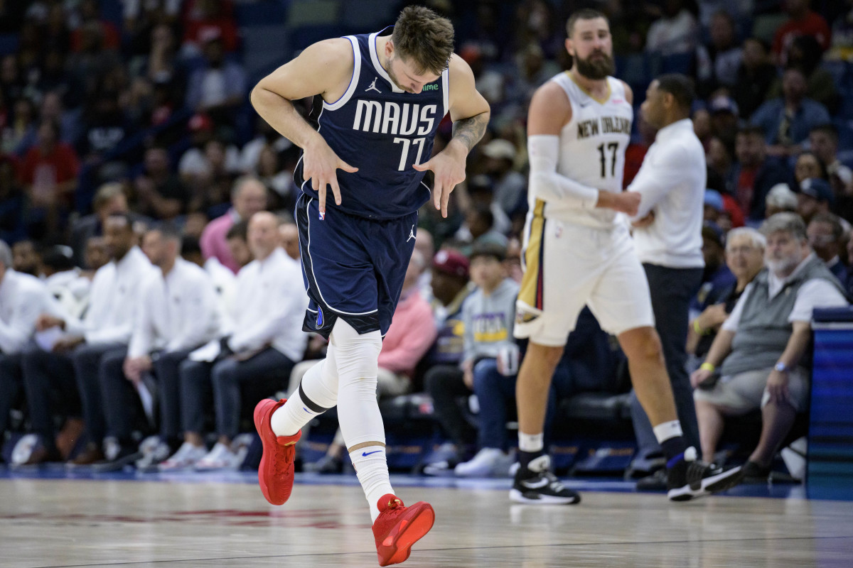 Dallas Mavericks superstar Luka Doncic celebrating after a big shot. 